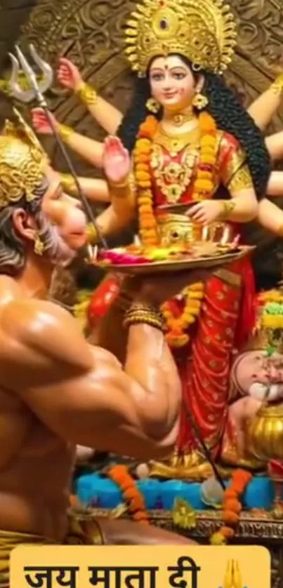 Vibrant Hindu wallpaper of Hanuman worshiping Goddess Durga.