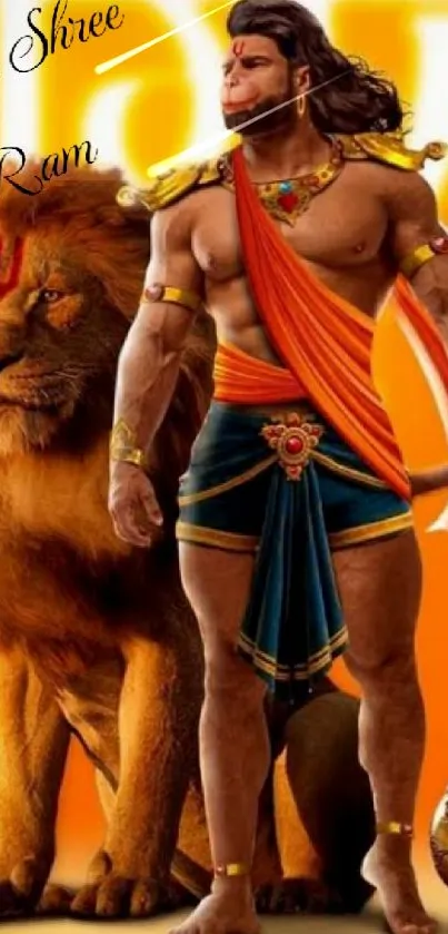 Hanuman with lion mobile wallpaper in bright orange tones.