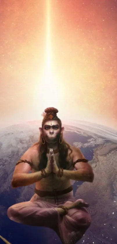 Hanuman meditative pose with cosmic background wallpaper.