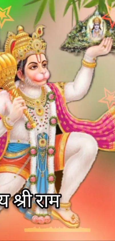 Hanuman depicted in vibrant colors with mountain scene.