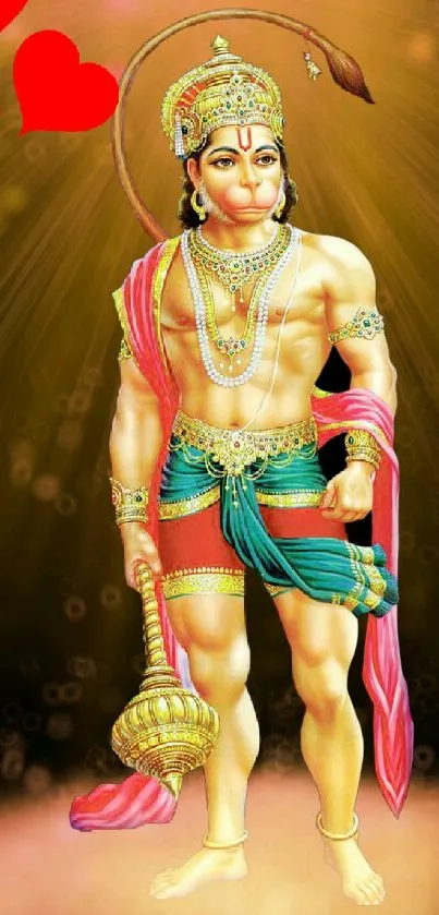 Hanuman standing with vibrant golden backdrop and red hearts.