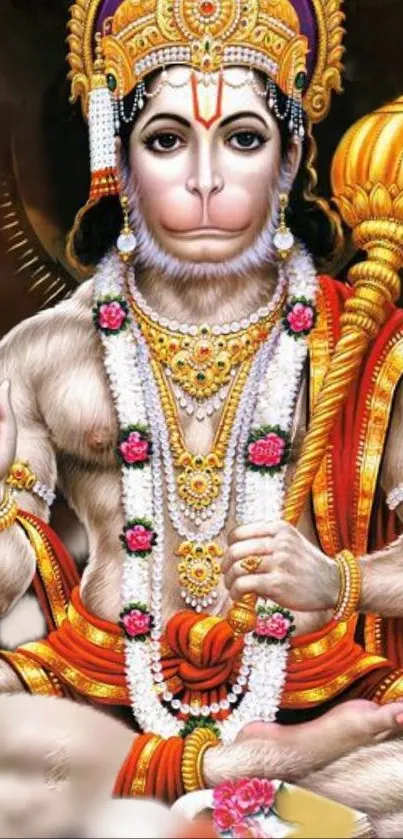 Hanuman deity artwork with golden hues and intricate details for mobile wallpaper.