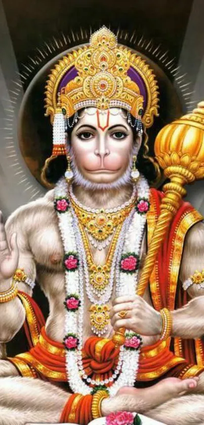 Vibrant Hanuman artwork with elaborate details and spiritual symbolism.