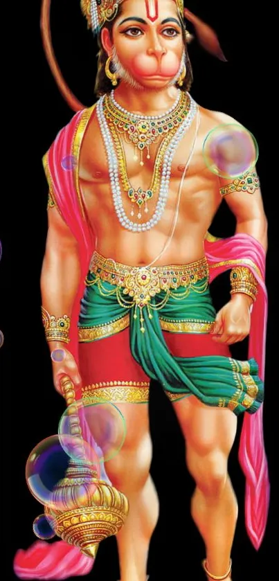 Colorful Hanuman artwork with traditional attire and spiritual elements.