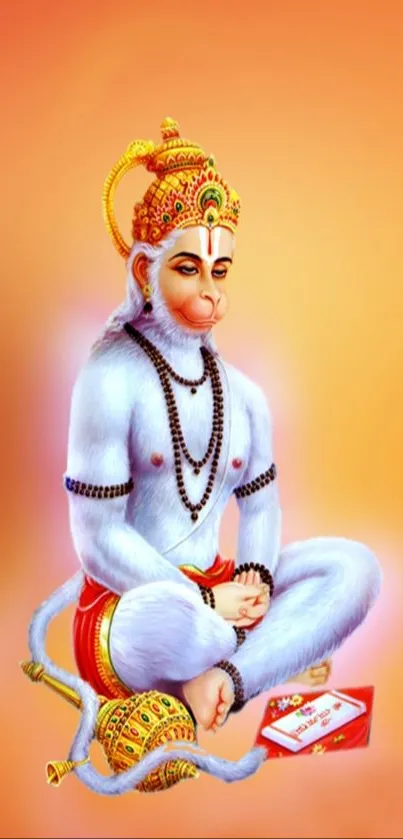 Peaceful Hanuman sitting on orange background.