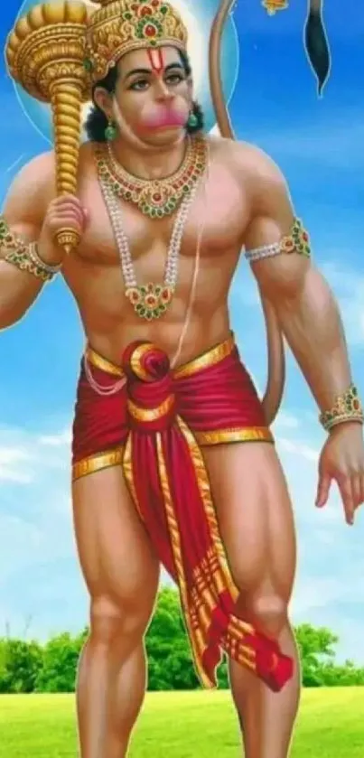 Hanuman standing with mace under bright blue sky.