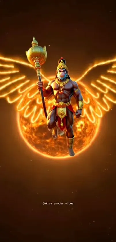 Hanuman with fiery wings and a vibrant orange background.