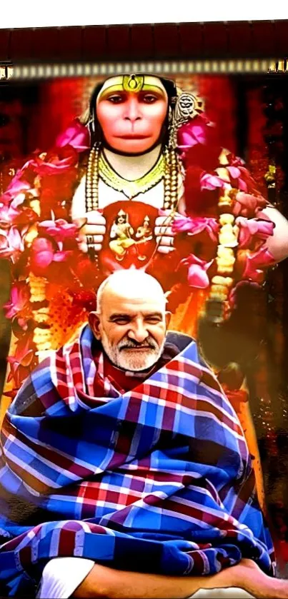 Spiritual monk with Hanuman idol in red background.