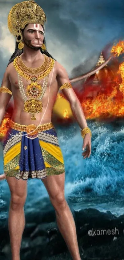 Hanuman depicted in a vibrant, fiery battle scene with water and a temple in the background.