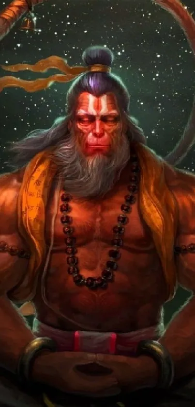 Hanuman meditating against a starry sky in digital art.