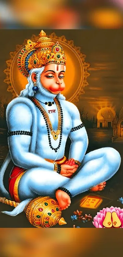 Vibrant Hanuman art with lotus and mace.