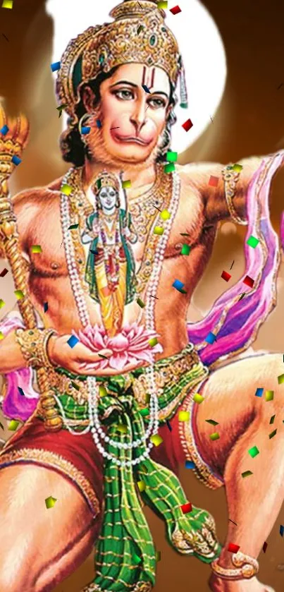 Hanuman holding figure with confetti background in artwork.