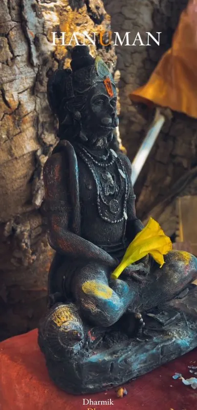 Serene Hanuman statue with a rustic backdrop and yellow flower in peaceful setting.