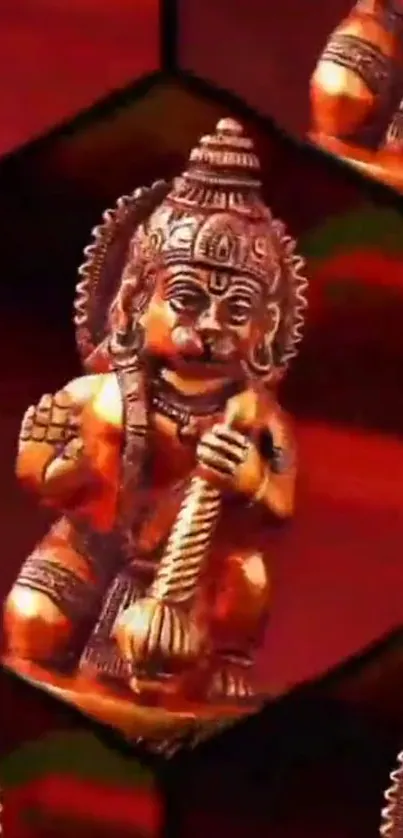 Vibrant divine figurine against red background.