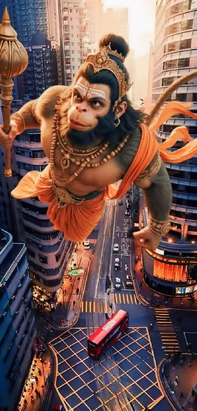 Hanuman flying over city streets in vibrant urban artwork wallpaper.