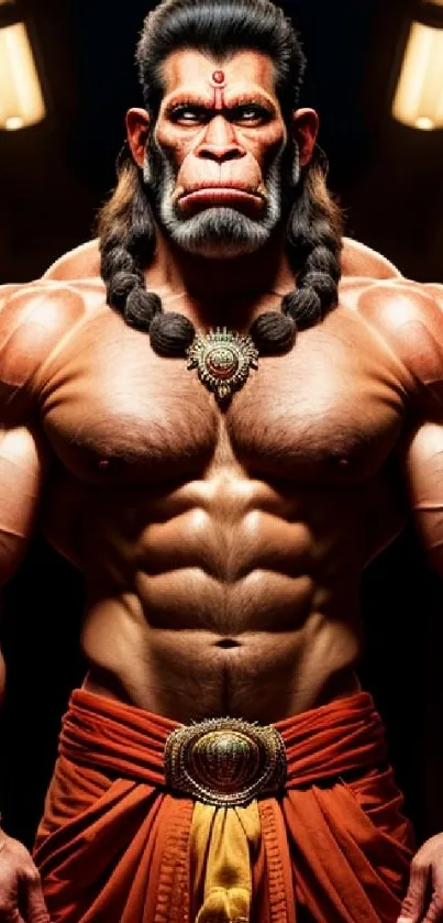 Powerful Hanuman warrior with muscular build and vibrant colors.