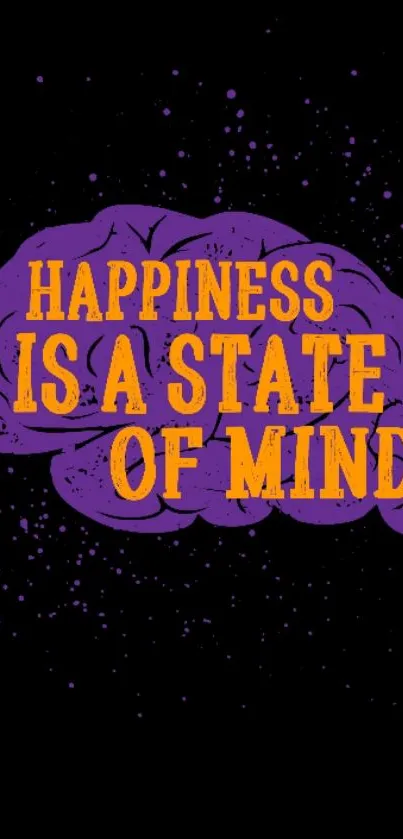 Purple brain with 'Happiness is a State of Mind' text on black background.