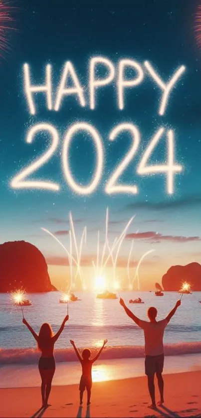2024 New Year celebration beach scene with fireworks and silhouettes.