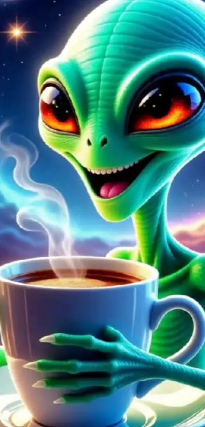 Green alien enjoying a cup of coffee in space with a colorful background.