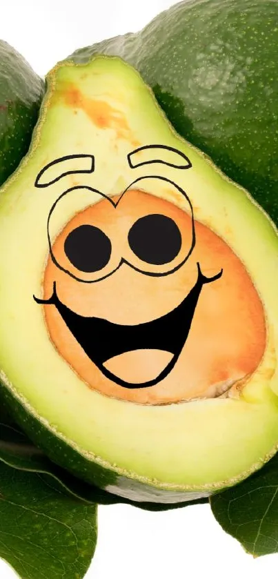Cartoon avocado with a happy face surrounded by leaves.