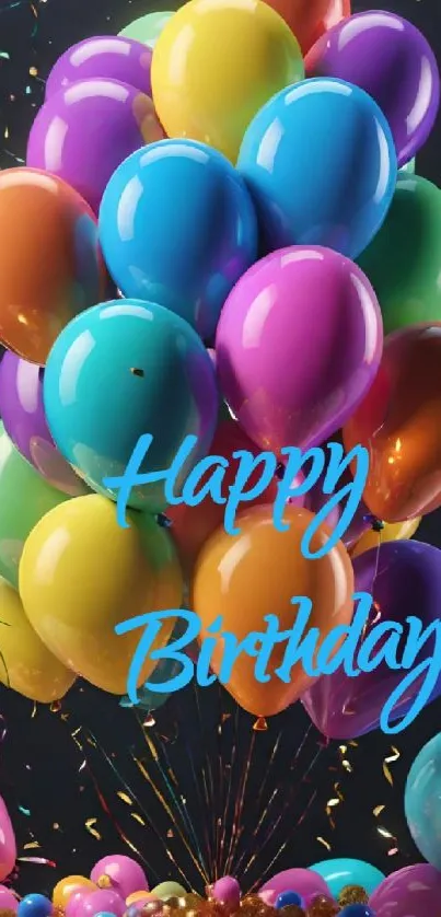 Colorful balloons with 'Happy Birthday' text.