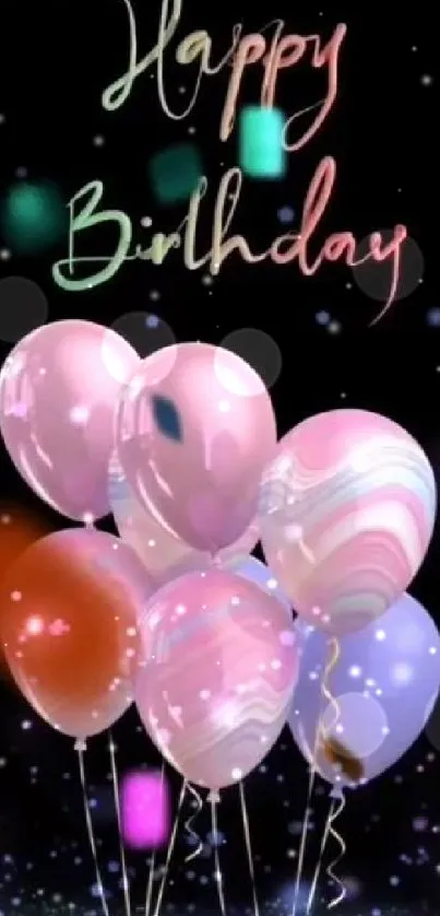 Colorful Happy Birthday balloons with confetti on a dark background.