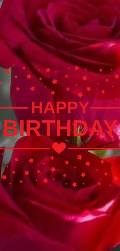 Mobile wallpaper with red roses and Happy Birthday text.