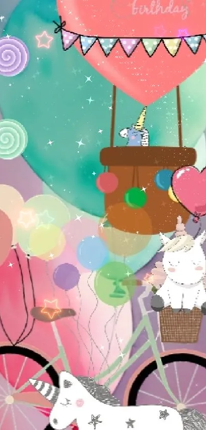 Whimsical unicorn birthday wallpaper with colorful balloons.