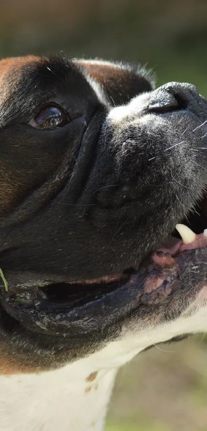 A cheerful Boxer dog with an open mouth, looking upwards in a grassy area.