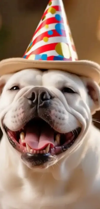 A happy bulldog wearing a colorful party hat.