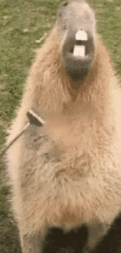 Adorable capybara enjoying a brush outdoors.