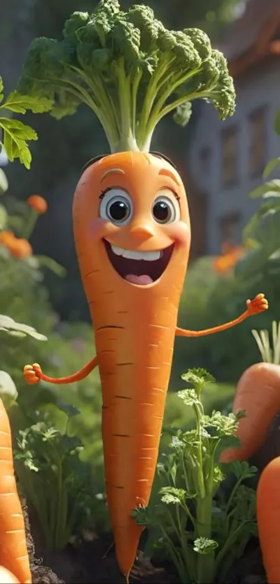 Smiling cartoon carrot in a garden setting.
