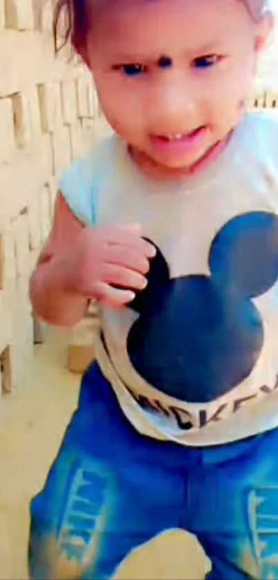 Smiling child wearing Mickey shirt outdoors.