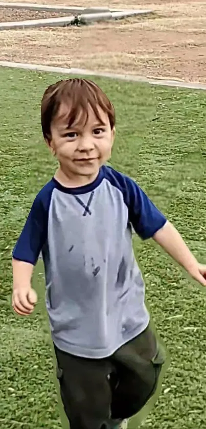 A happy child running on vibrant green grass.