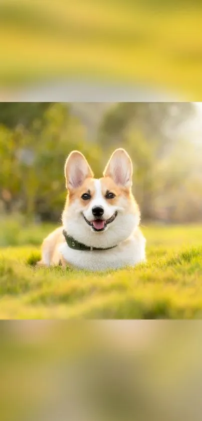 Corgi dog laying in a sunlit grassy meadow with a happy expression.