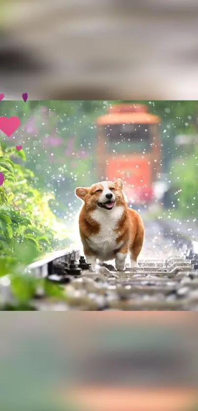 Corgi joyfully runs on rainy tracks with colorful hearts floating.