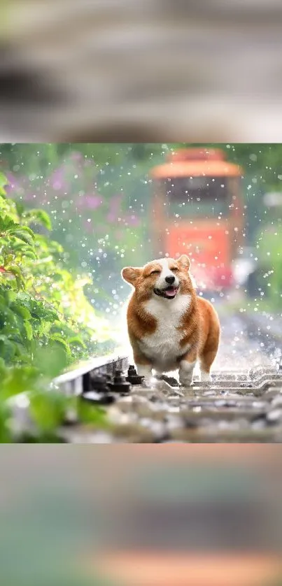 Joyful corgi on train tracks surrounded by lush greenery.