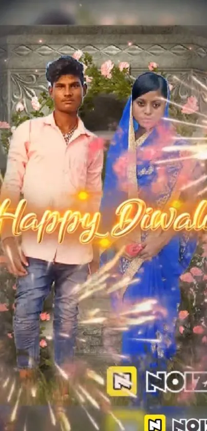 Festive Happy Diwali wallpaper with couple in traditional attire.