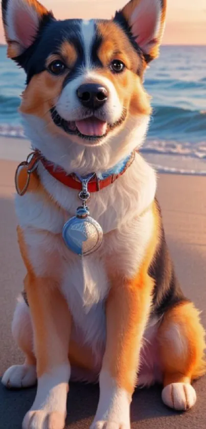 A cheerful dog sits on a beach at sunset.