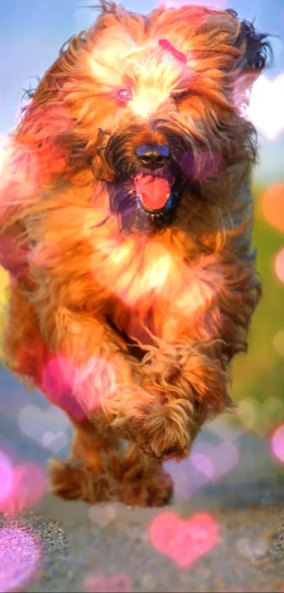 Running dog through colorful heart bokeh.