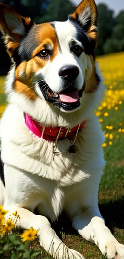 Happy dog with pink collar in a yellow flower field.