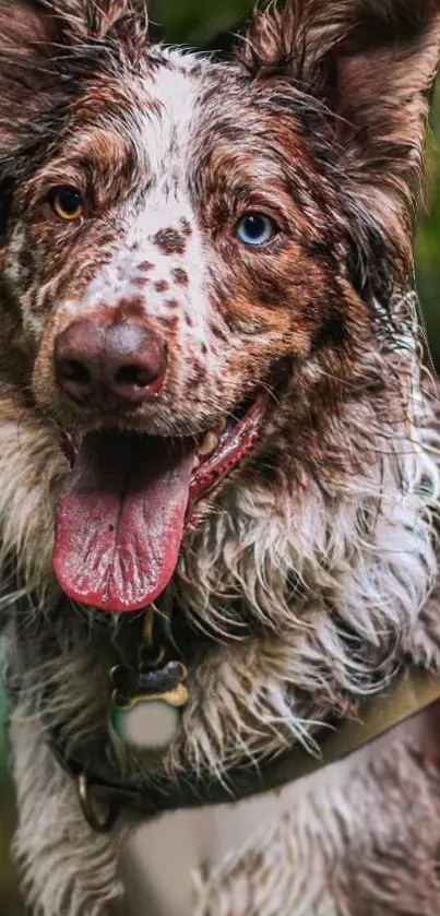 A happy dog with a colorful coat in a lush green forest.