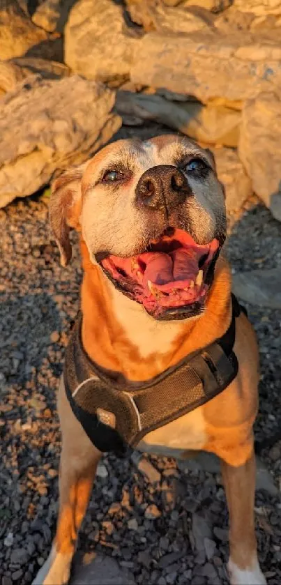 A happy dog enjoying the sunlight in a rocky landscape.