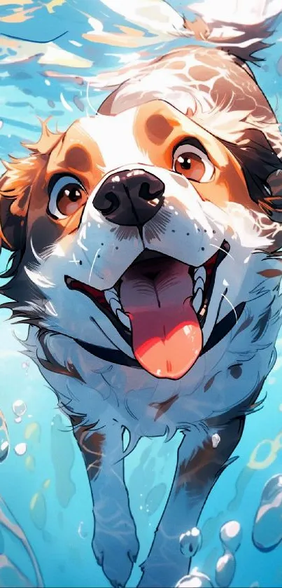 Cheerful animated dog swimming underwater in bright blue water.