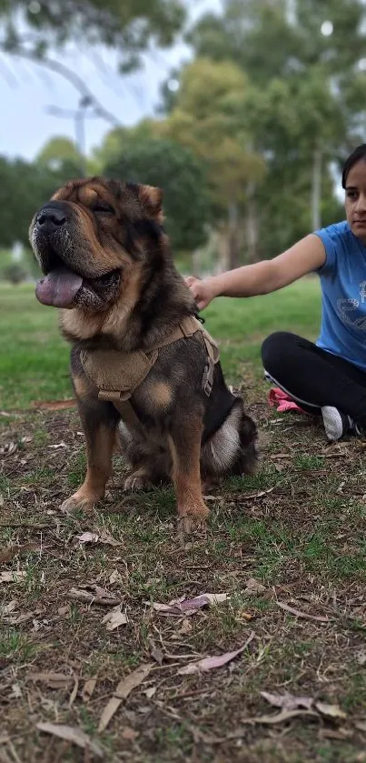 Happy dog in the park with owner enjoying outdoor time.