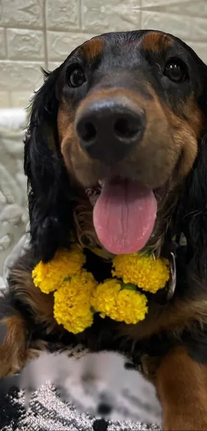 Smiling dog wearing a yellow flower garland indoors.