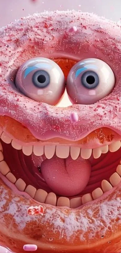 Cartoon donut with big smile and googly eyes.