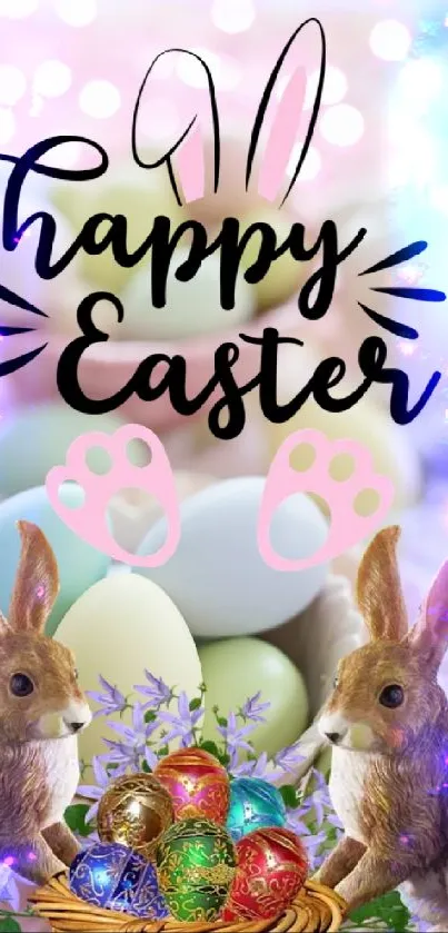 Happy Easter wallpaper with bunnies and colorful decorated eggs.