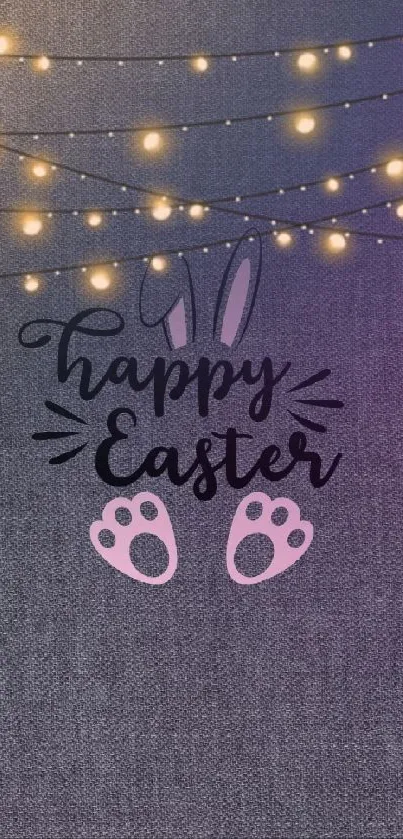 Easter wallpaper with lights, bunny ears, and cheerful design on a purple background.