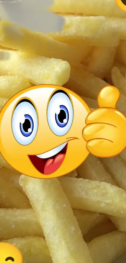 Happy emoji with thumbs up on fries background.